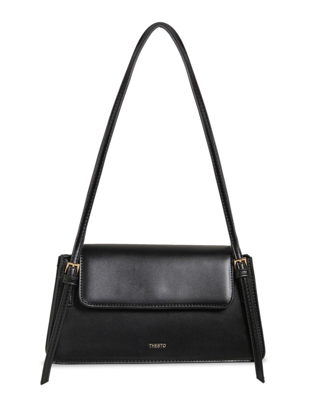 thesto black pu structured shoulder bag with fringed