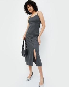 thigh-slit bodycon dress with strappy sleeves