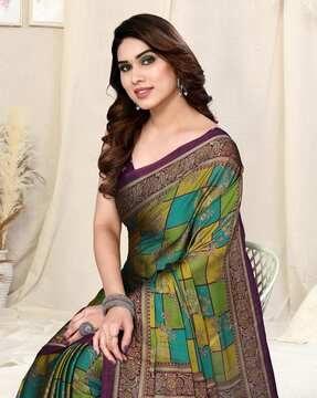 this is a teal/green/mustard chiffon colorblock/checks/floral printprinted saree with unstitched blouse piece printed saree