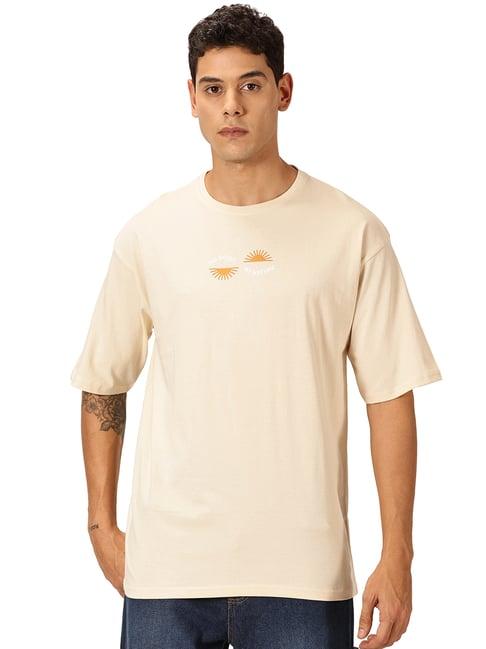 thomas scott beige loose fit graphic print cotton crew t-shirt