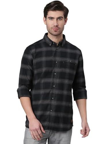 thomas scott men's checkered regular fit 100% cotton casual shirt with button down collar and full sleeve black