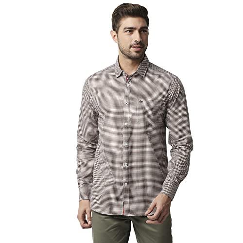 thomas scott men's checkered regular fit 100% cotton casual shirt with spread collar and full sleeve coffee