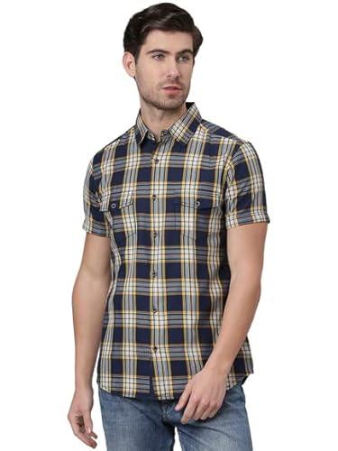 thomas scott men's checkered slim fit 100% cotton casual shirt with half sleeve indigo