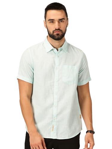 thomas scott men's premium cotton linen blend half sleeves slim fit solid casual shirt (aqua, xl)