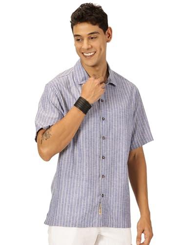 thomas scott men's premium linen blend half sleeves spread collar striped casual shirt (blue, xl)