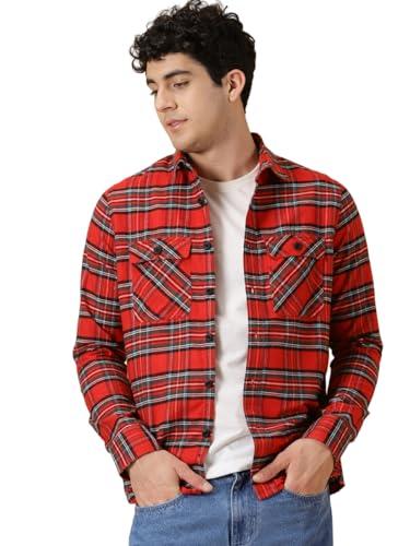 thomas scott men's smart slim fit full sleeves flannel checks casual shirt red