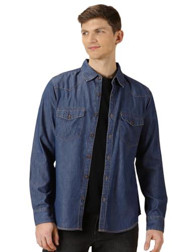 thomas scott men's smart slim fit spread collar pure cotton denim casual overdyed shirt dark blue