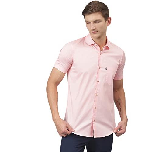 thomas scott men's solid slim fit 100% cotton casual shirt with cutaway collar and half sleeve pink