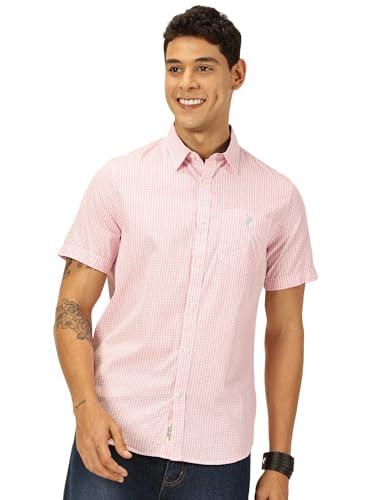 thomas scott men 100% cotton short sleeves slim fit checked casual shirt(ccsh039_pink_l)