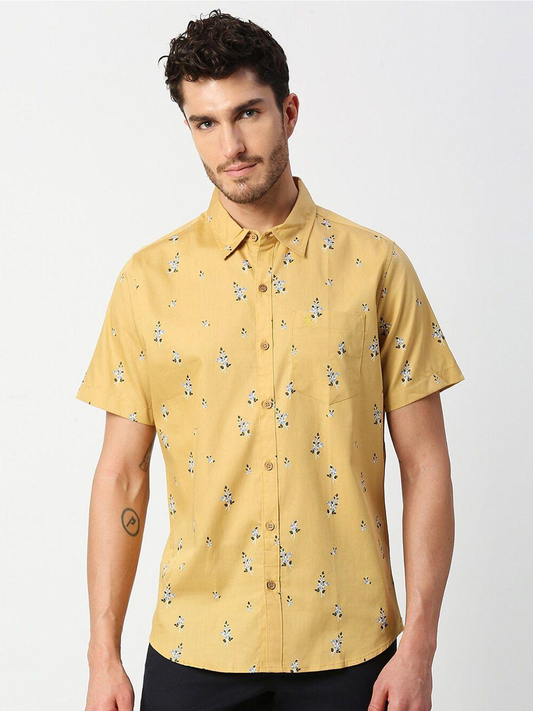 thomas scott men mustard slim fit printed casual cotton shirt