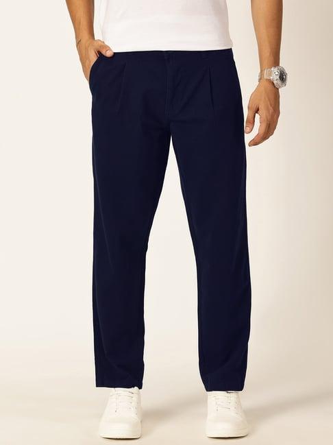 thomas scott navy straight fit cotton pleated trousers