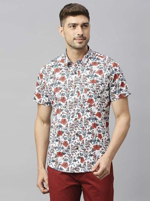 thomas scott off white cotton slim fit floral print shirt