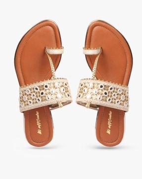 thong-strap flat sandals with mirror work