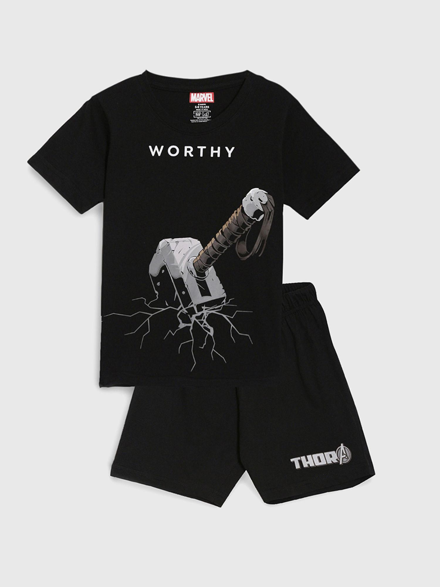 thor worthy t-shirt and shorts pure cotton half sleeve - black (set of 2)