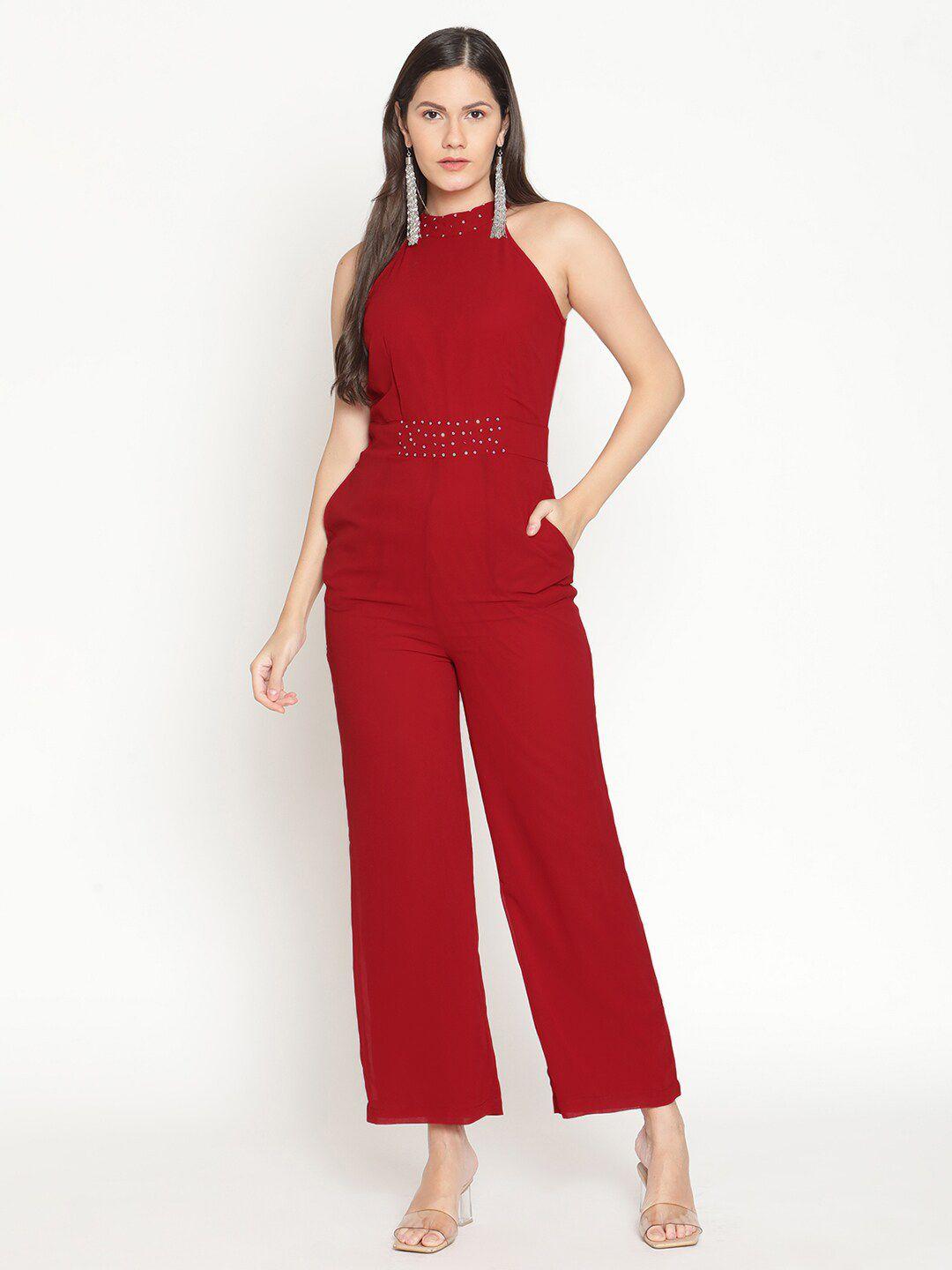 thread muster women maroon solid embellished basic jumpsuit