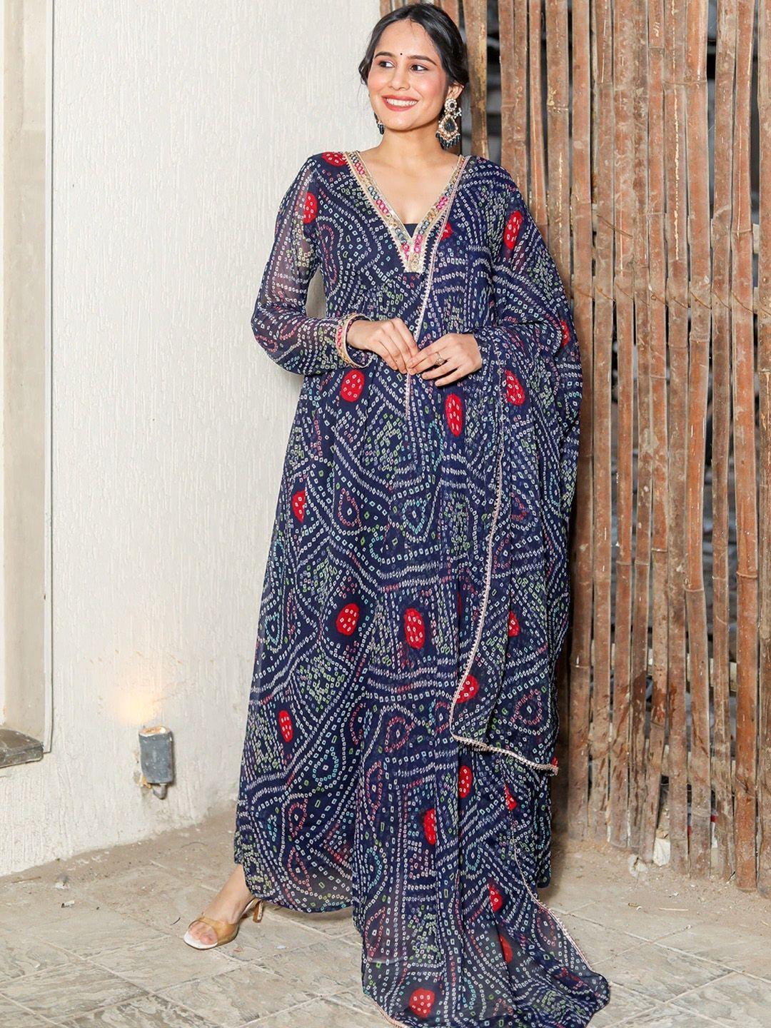 thread & button bandhani printed kurta with trousers & dupatta