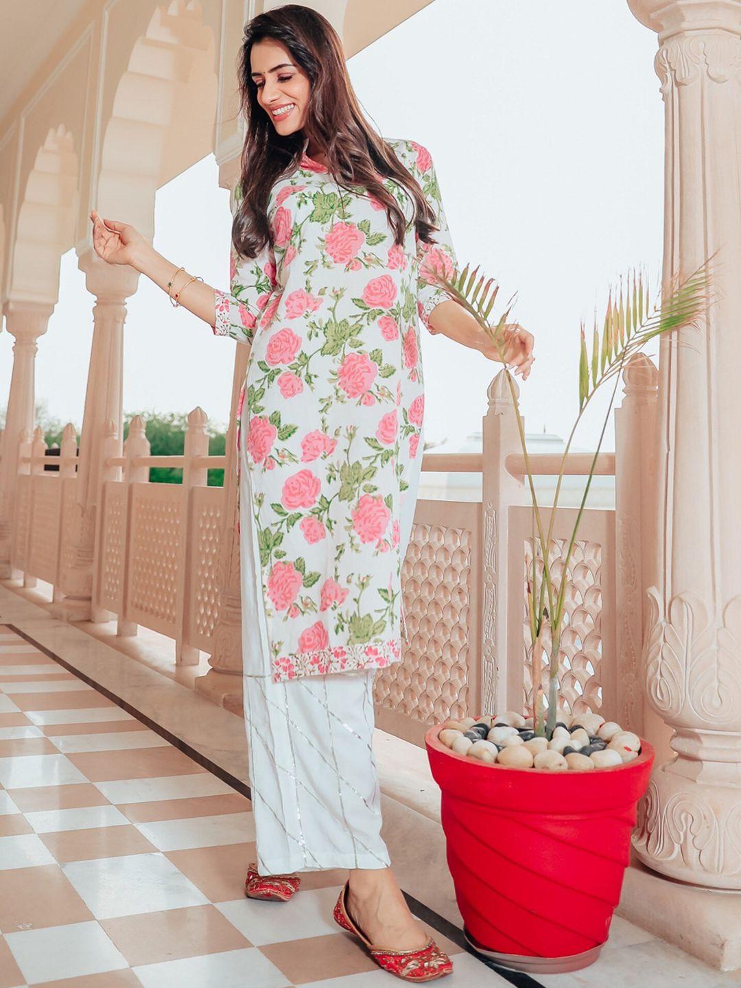 thread & button floral printed pure cotton straight kurta with trousers