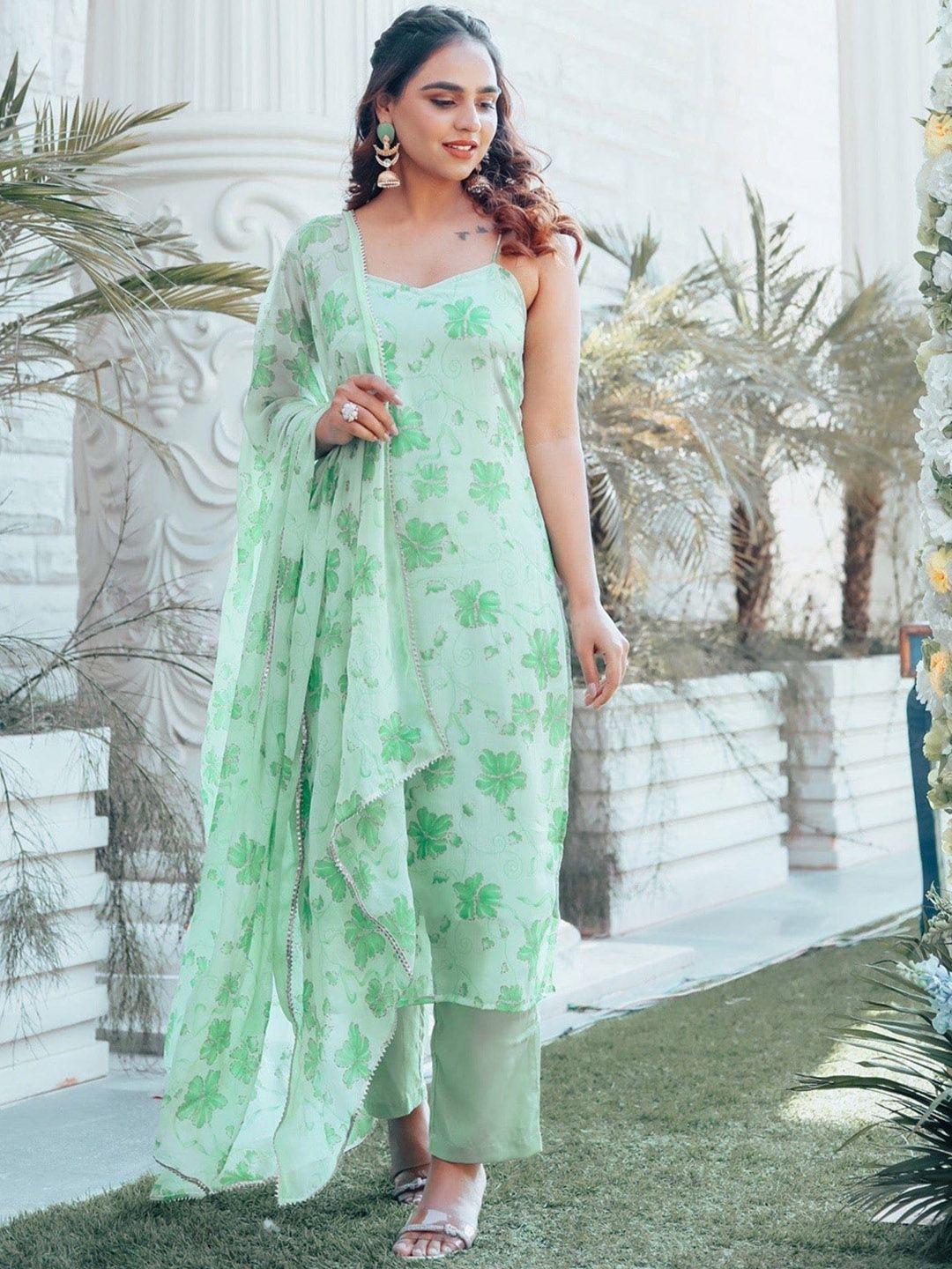 thread & button floral printed silk chiffon kurta with trousers & dupatta