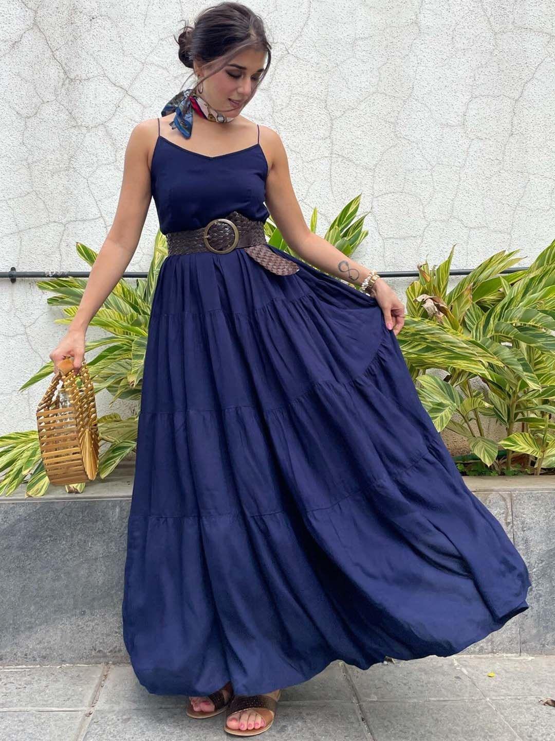 thread & button navy blue maxi solid dress