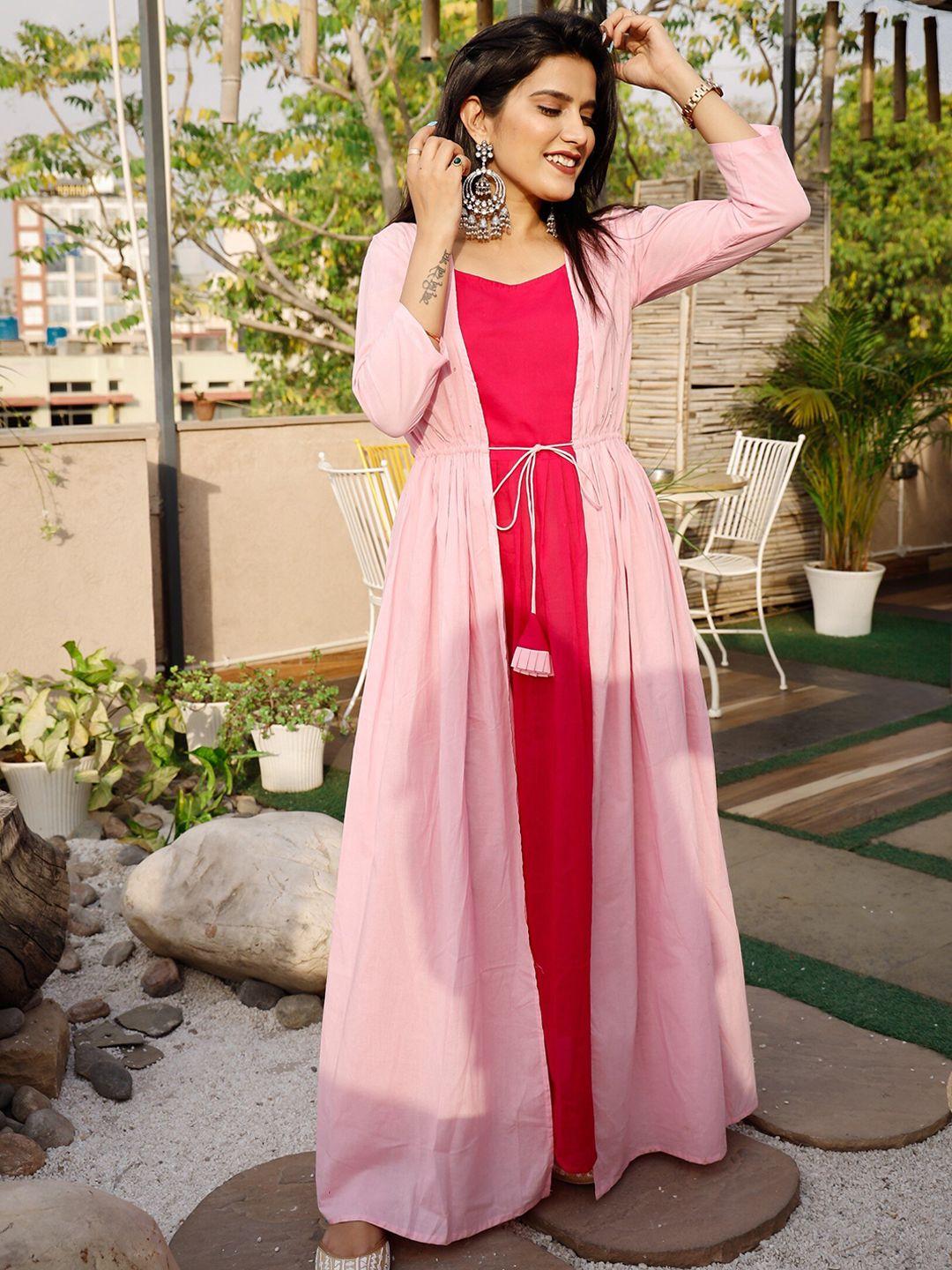 thread & button pink colourblocked ethnic maxi dress