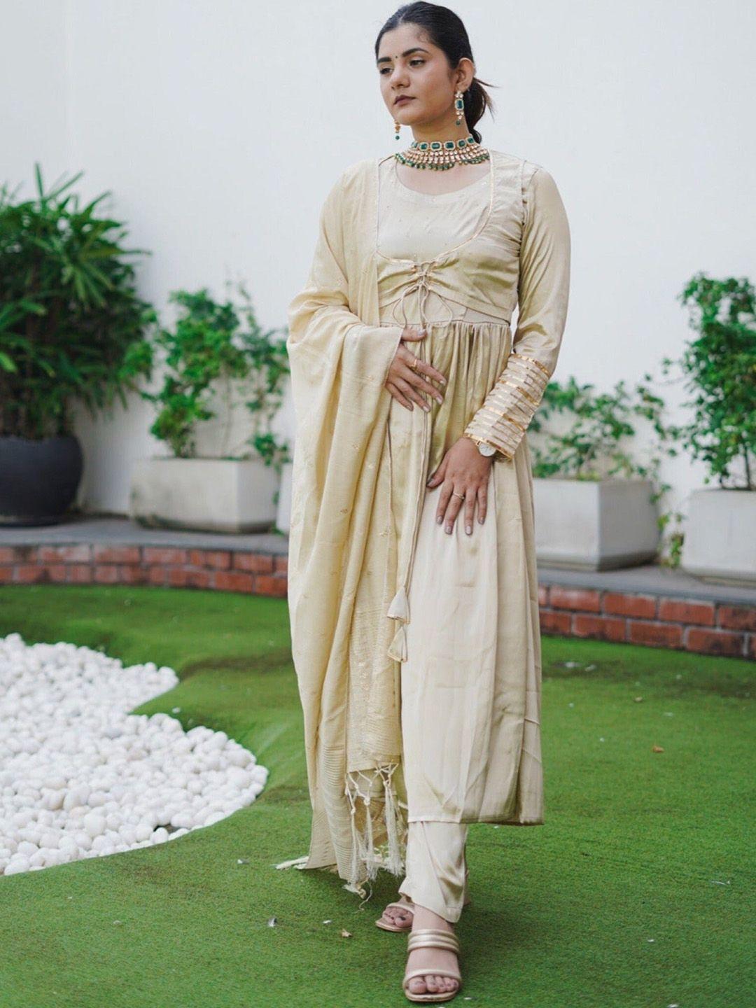 thread & button satin anarkali kurta with trousers & with dupatta