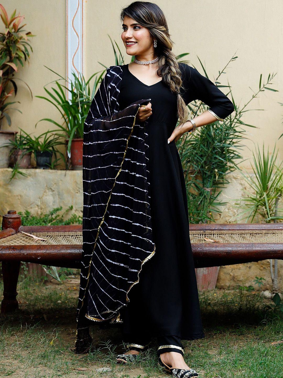 thread & button women black kurta with trousers & with dupatta