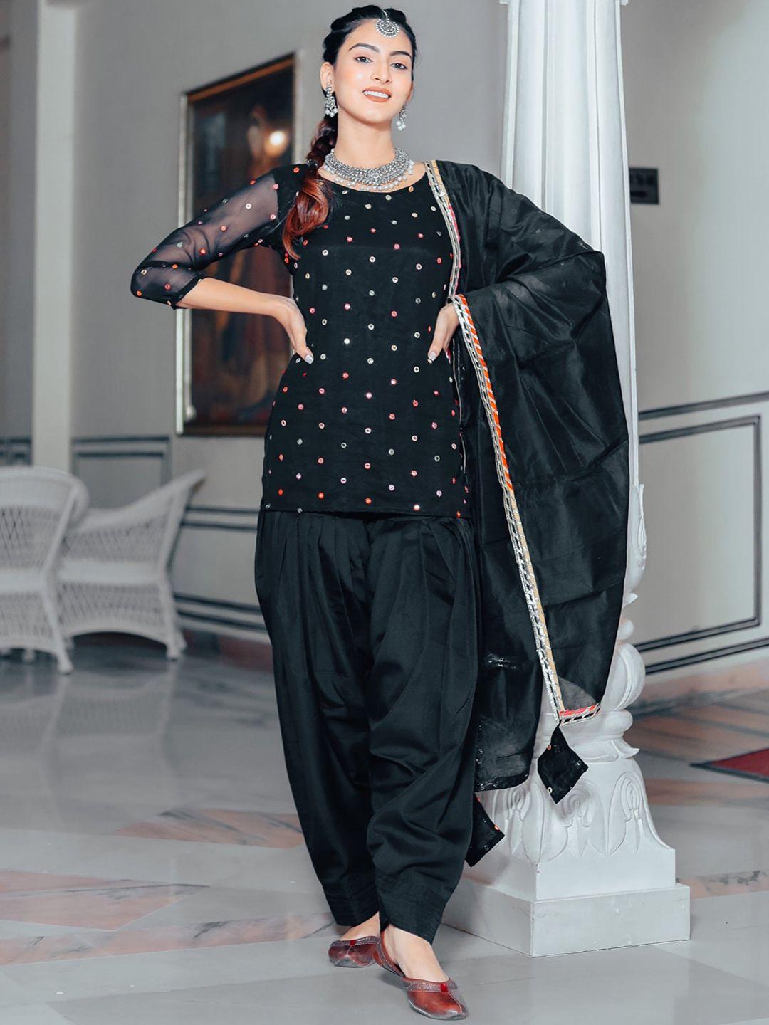 thread & button women black mirror work silk georgette kurti with salwar & with dupatta