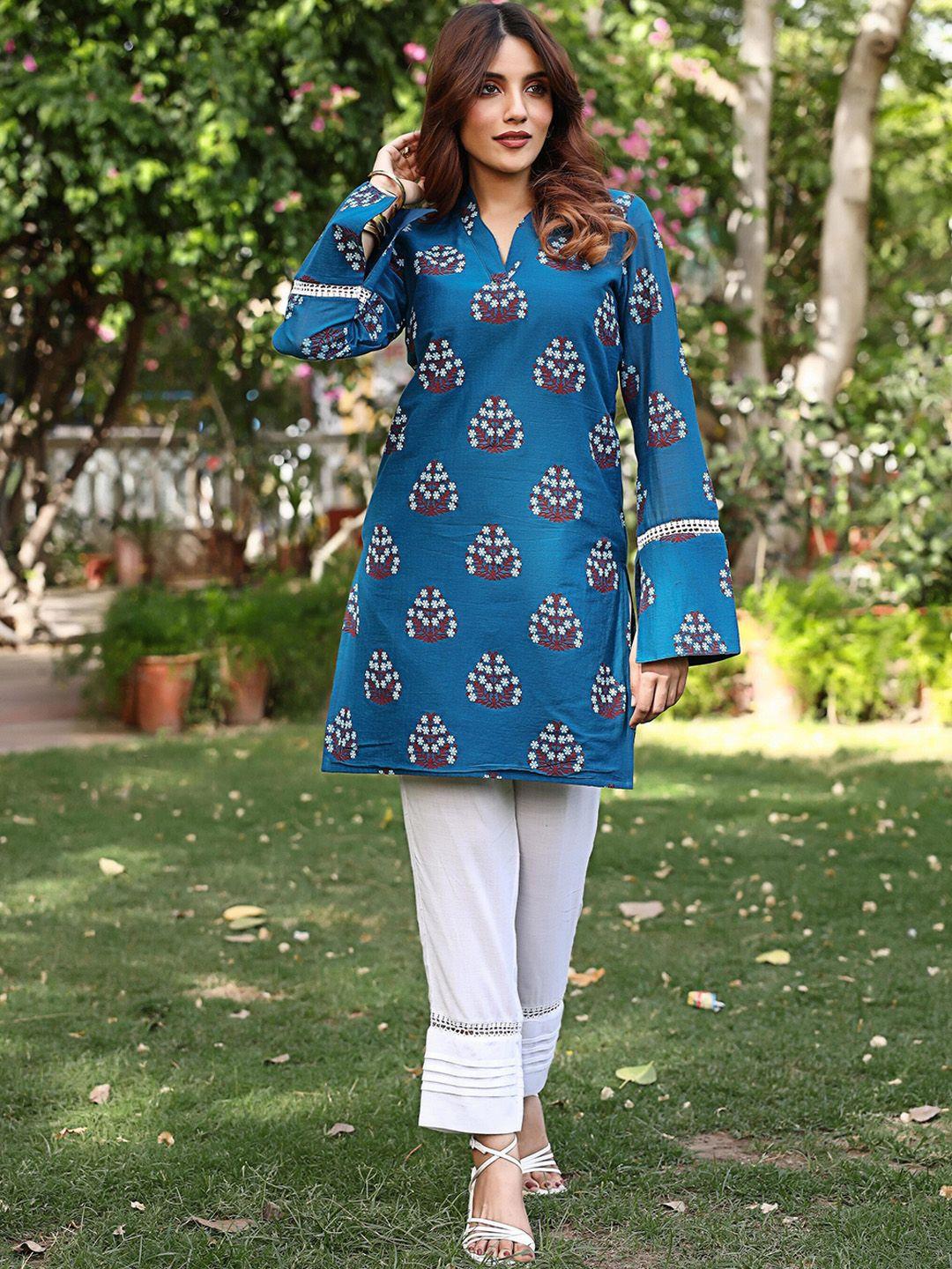 thread & button women blue ethnic motifs printed regular pure cotton kurta with palazzos
