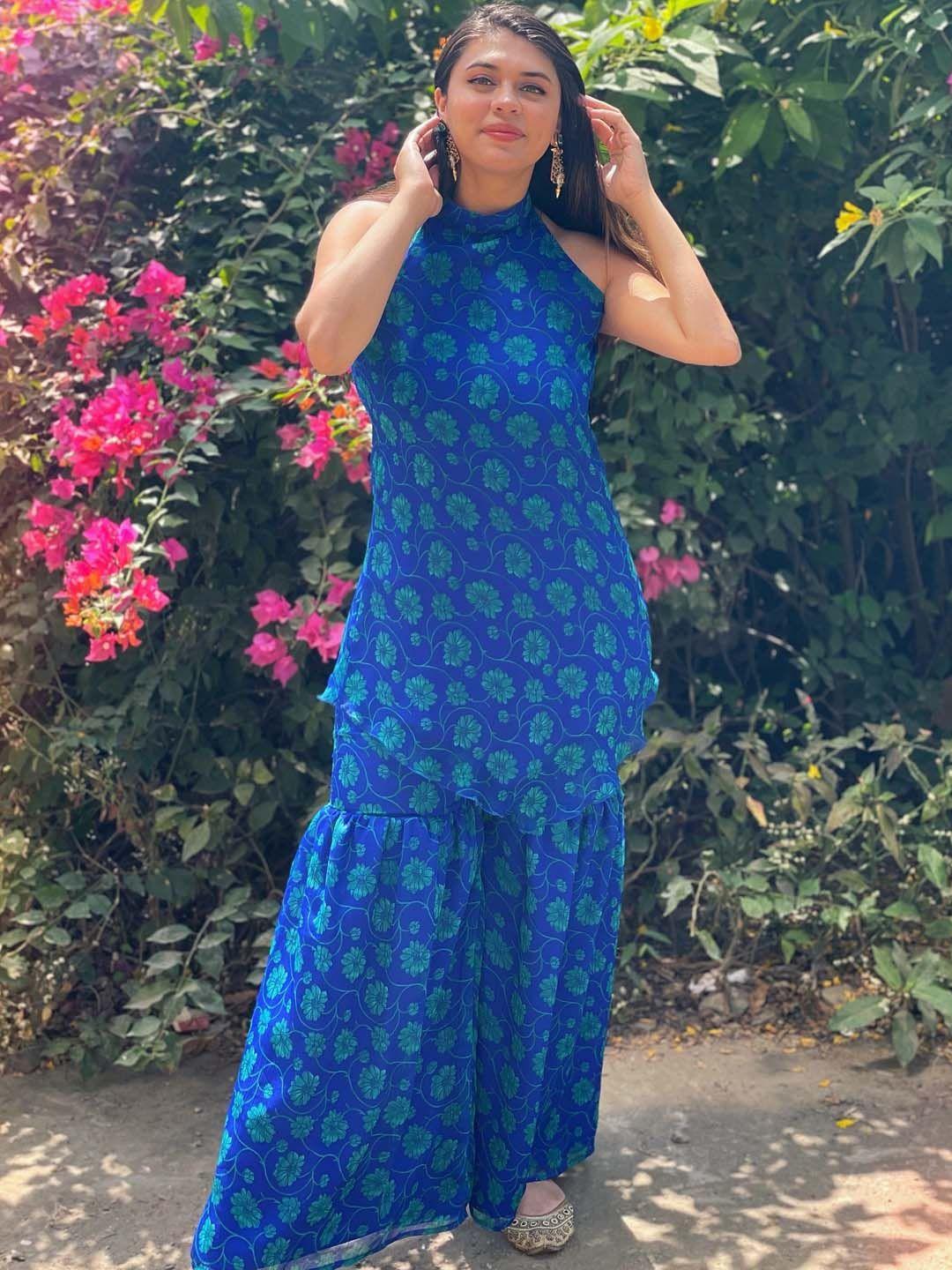 thread & button women blue floral printed silk chiffon kurta with sharara