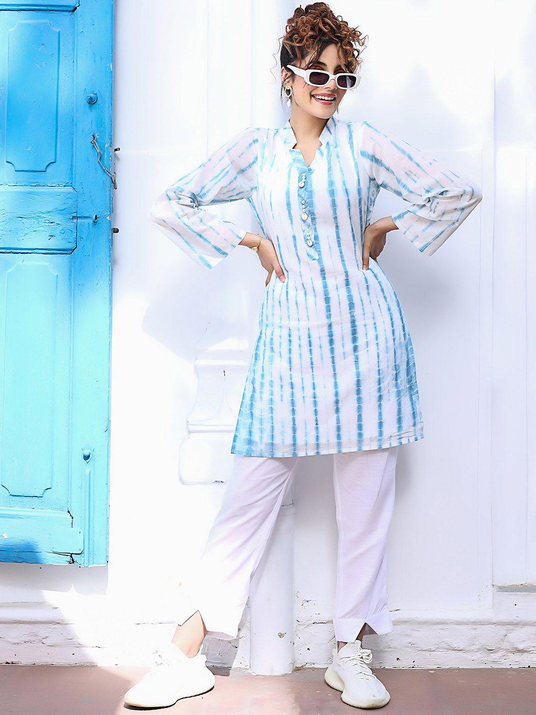 thread & button women blue printed regular beads and stones pure cotton kurta with palazzos