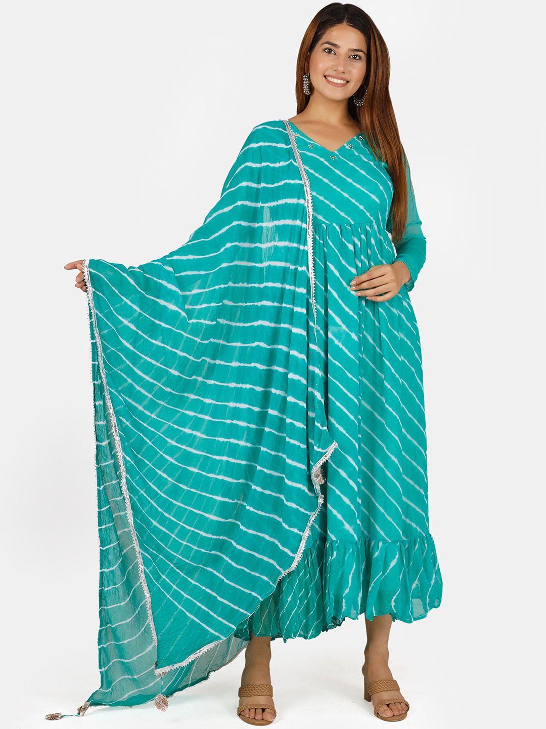 thread & button women blue striped pleated kurta with trousers & with dupatta