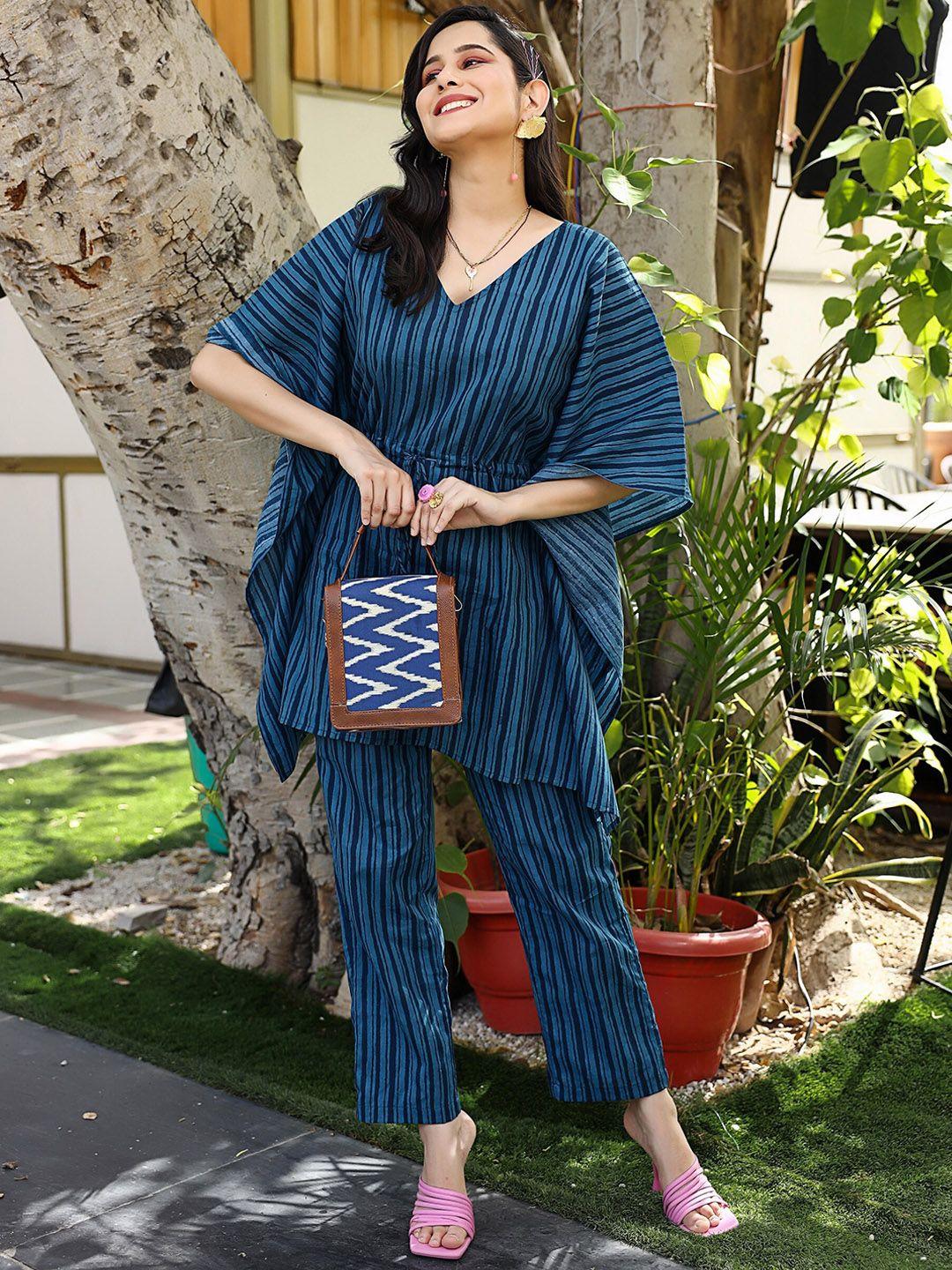 thread & button women blue striped regular pure cotton kurta with trousers