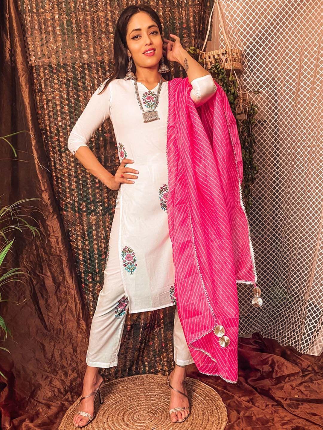 thread & button women ethnic motifs printed pure cotton kurta with trousers & with dupatta