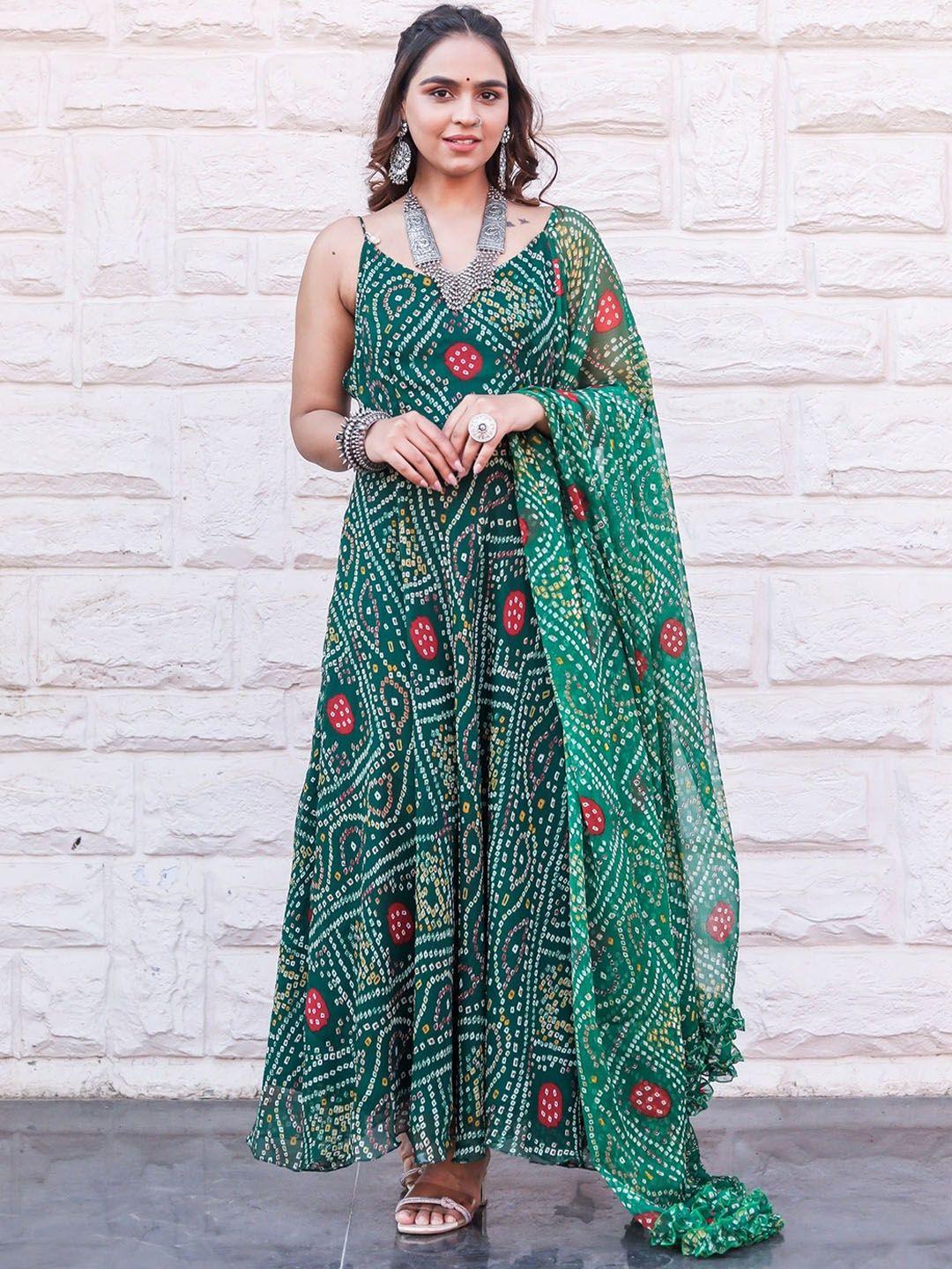 thread & button women green bandhani printed regular silk chiffon kurta with palazzos & with dupatta