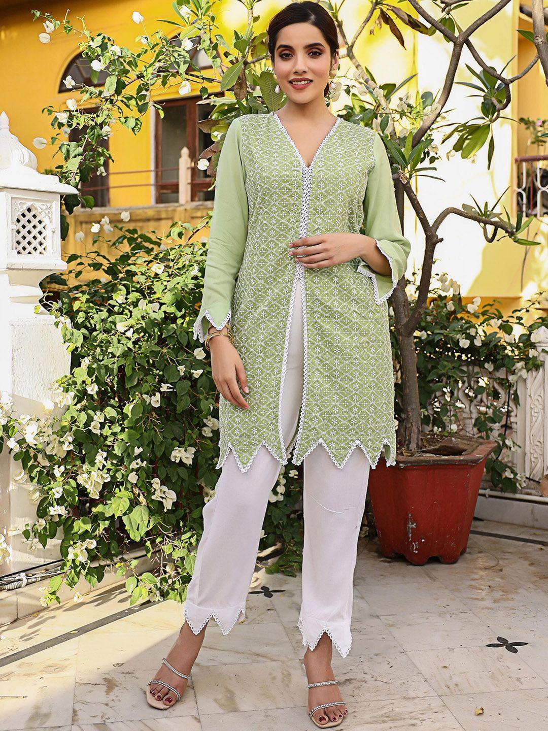 thread & button women green ethnic motifs embroidered regular chikankari pure cotton kurta with palazzos