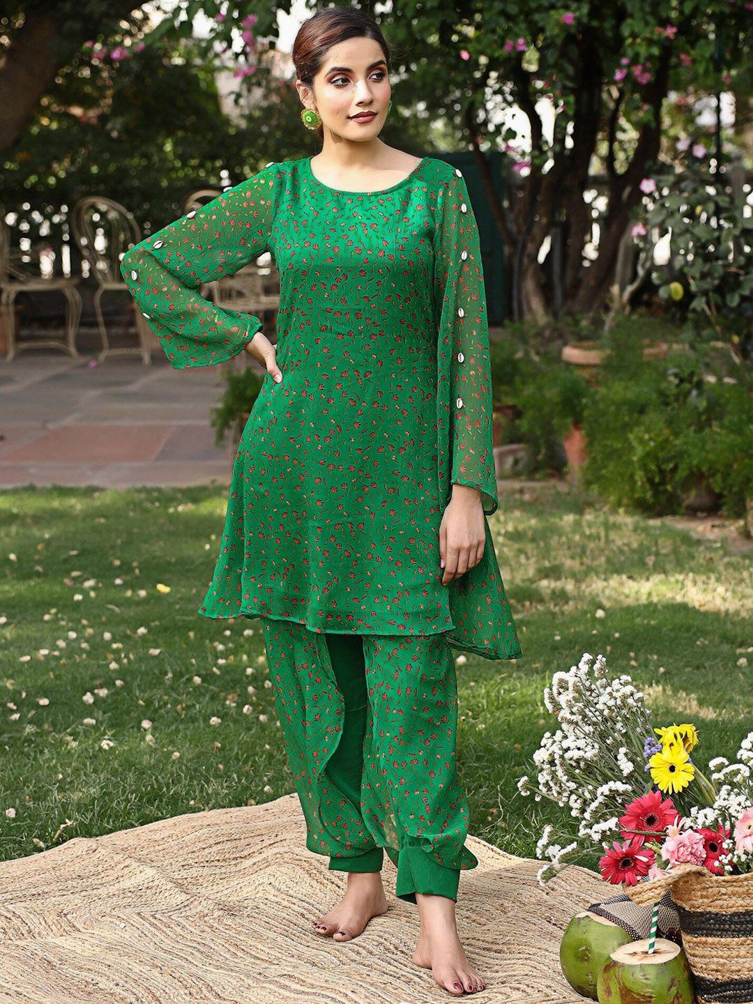 thread & button women green floral printed regular silk chiffon kurta with dhoti pants