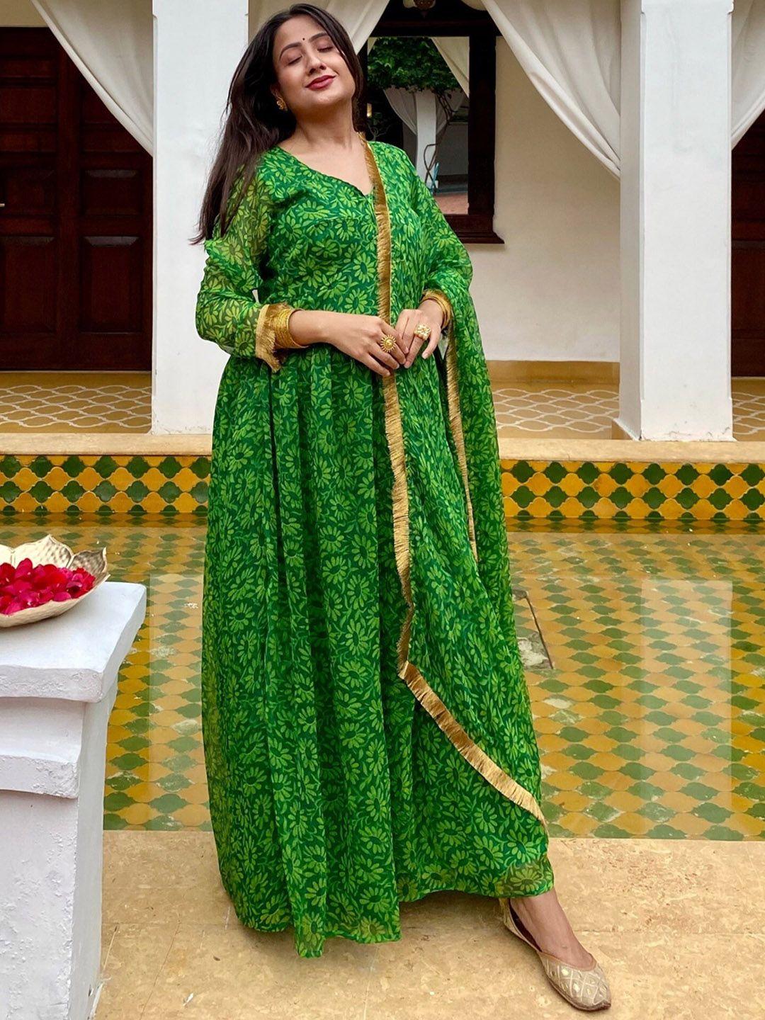 thread & button women green floral printed silk chiffon kurta with churidar & with dupatta