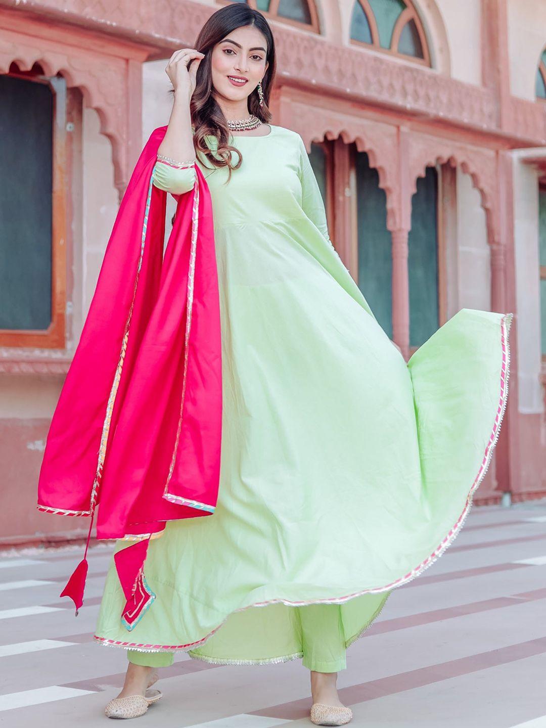 thread & button women green gotta patti pure cotton kurta with trousers & dupatta