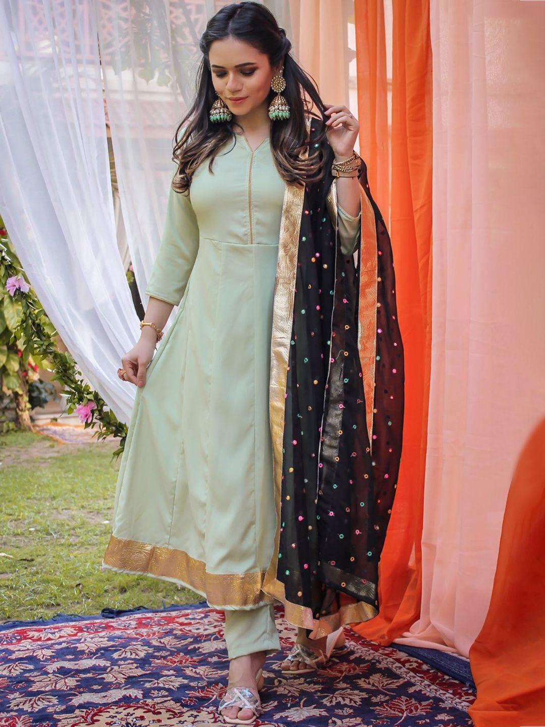 thread & button women green panelled kurta with trousers & with dupatta