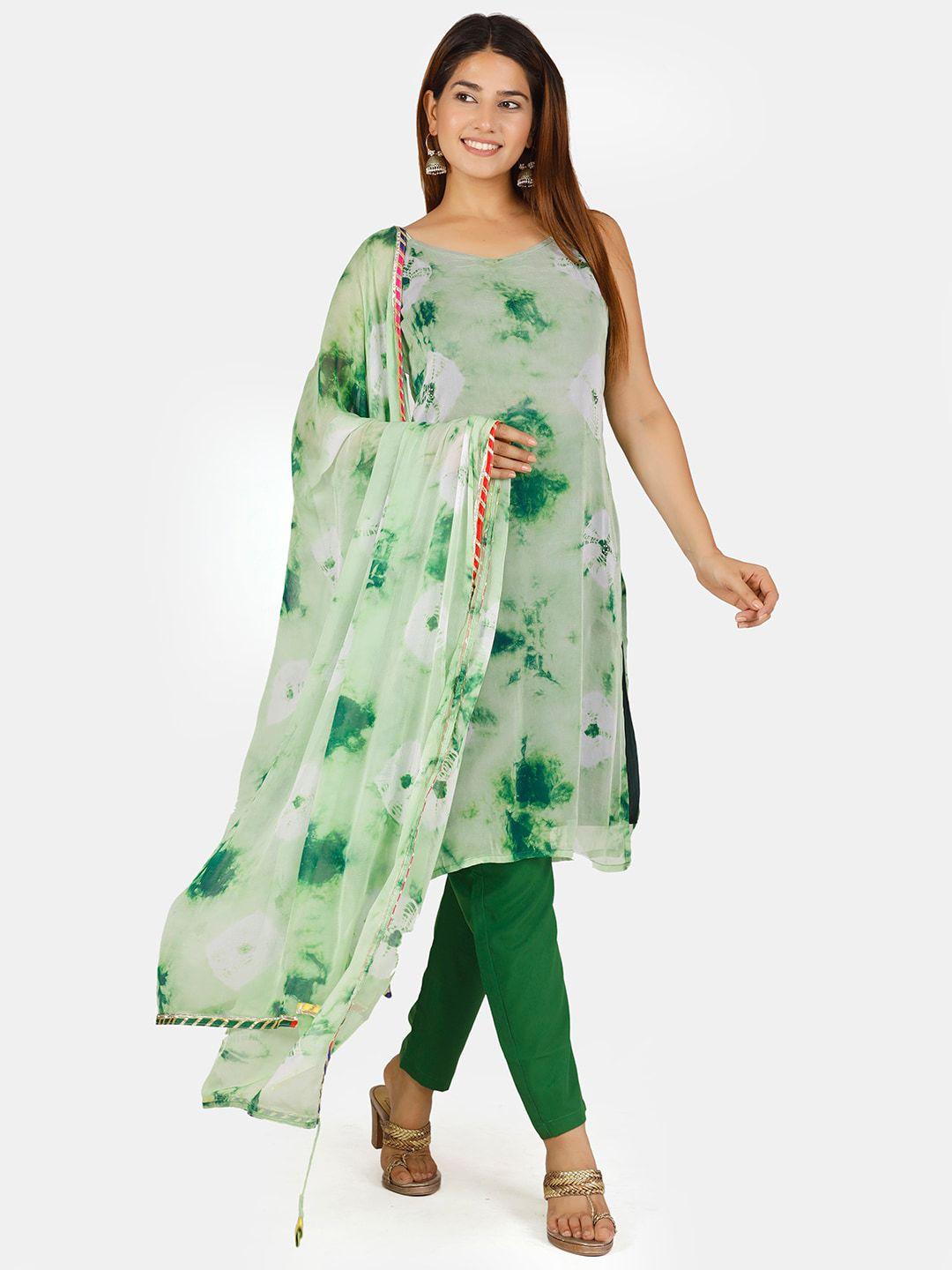 thread & button women green tie dye  kurti with trousers & with dupatta
