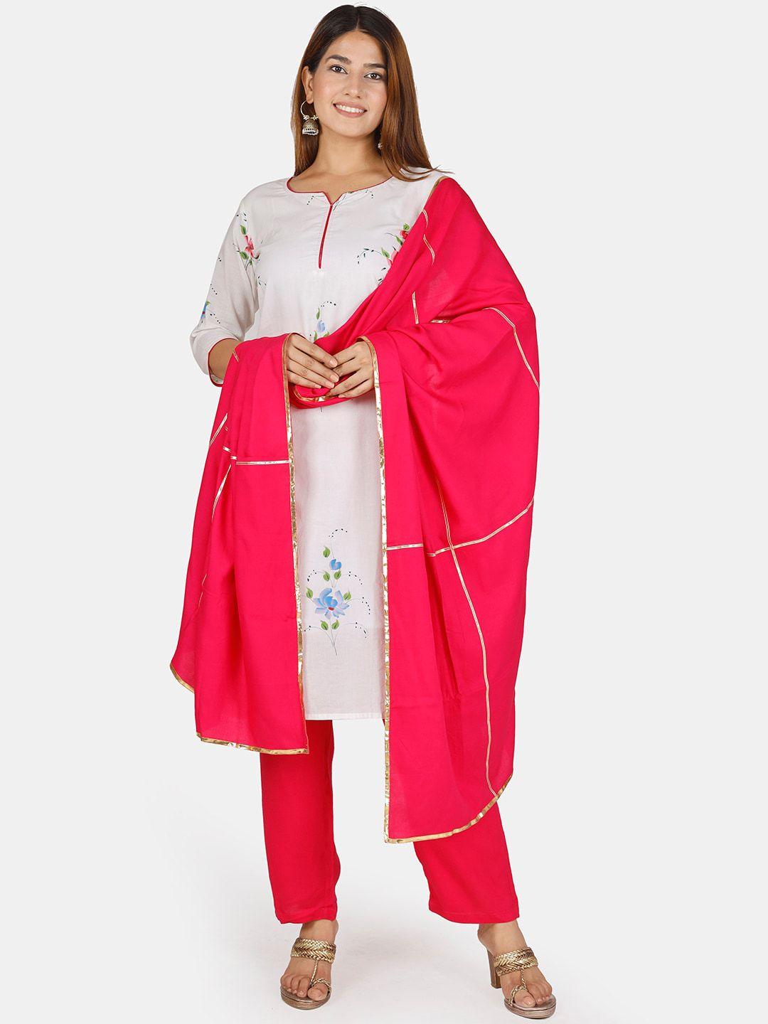 thread & button women pink  pure cotton kurta with trousers & with dupatta