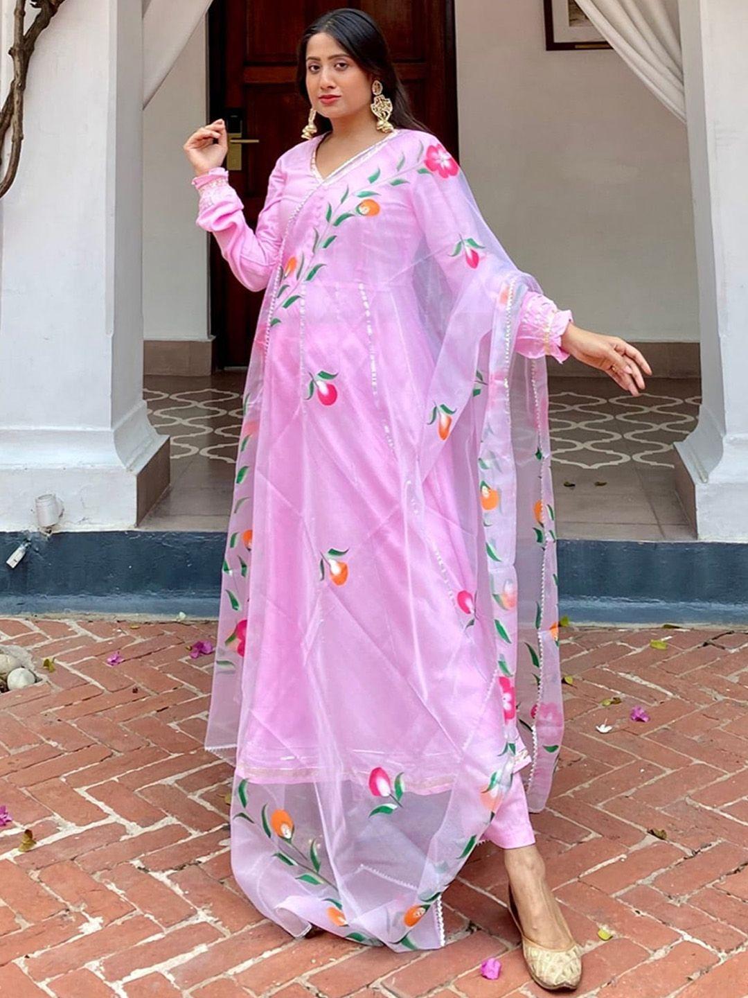 thread & button women pink gotta patti kurta with trousers & dupatta