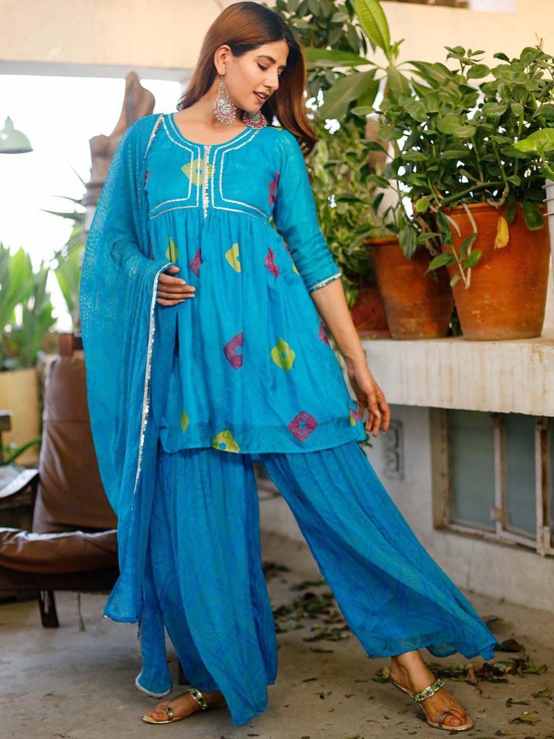 thread & button women printed empire silk chiffon kurta with palazzos & with dupatta