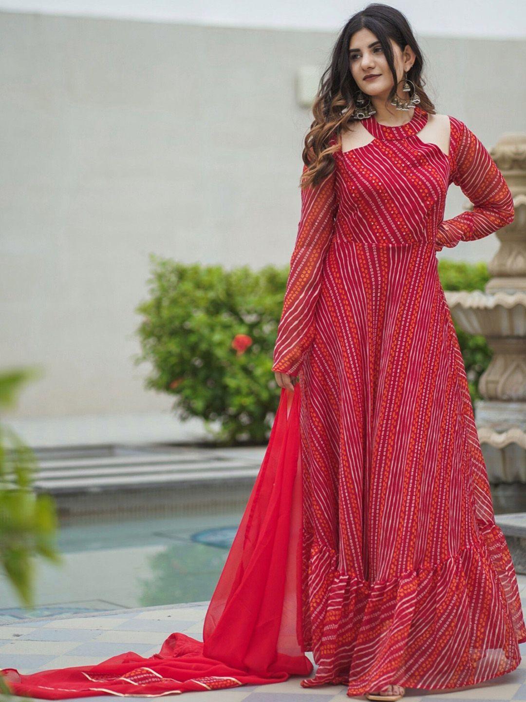 thread & button women red bandhani printed silk chiffon kurta with trousers & with dupatta