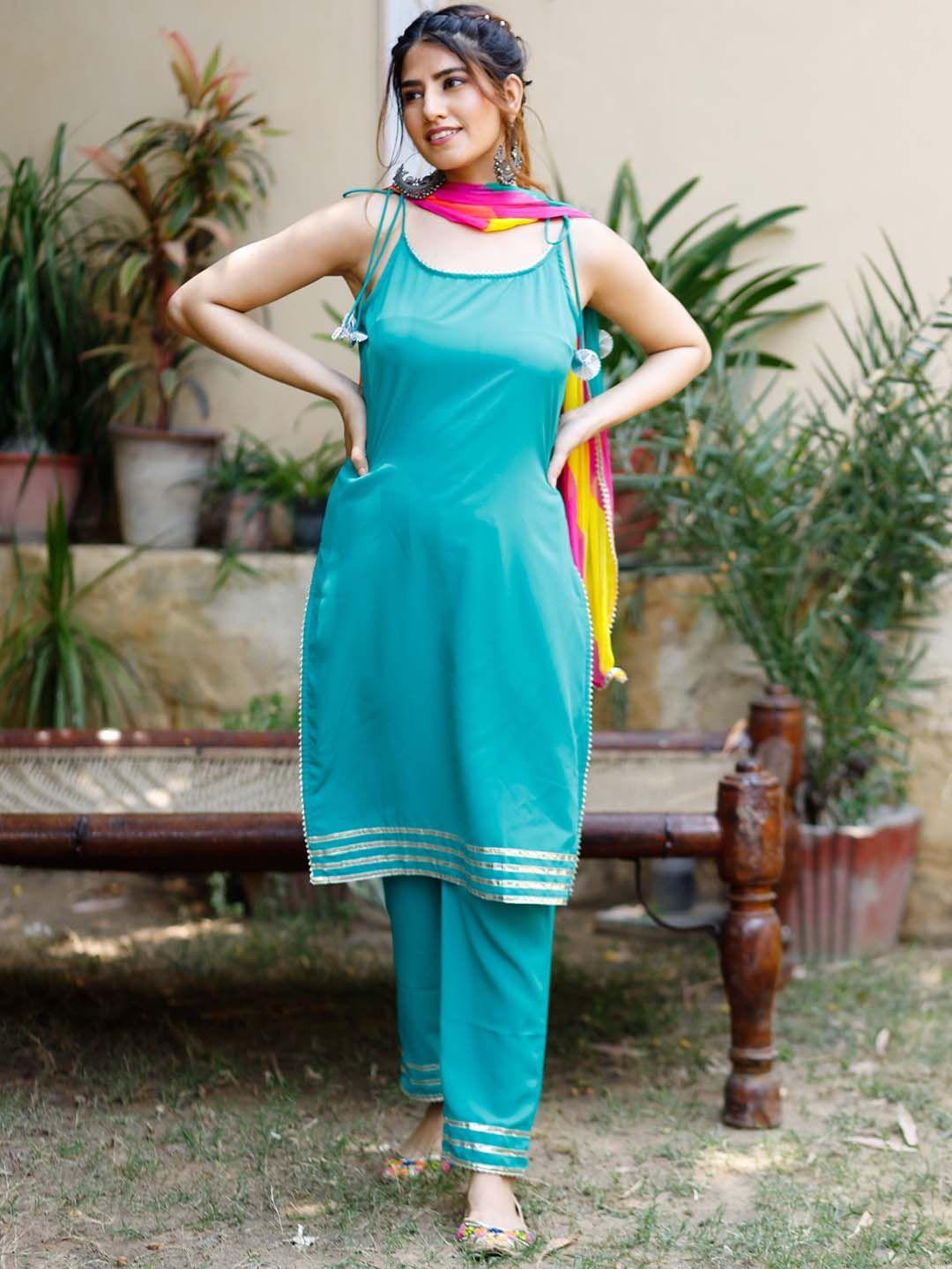 thread & button women shoulder straps regular pure cotton kurta with palazzos & dupatta