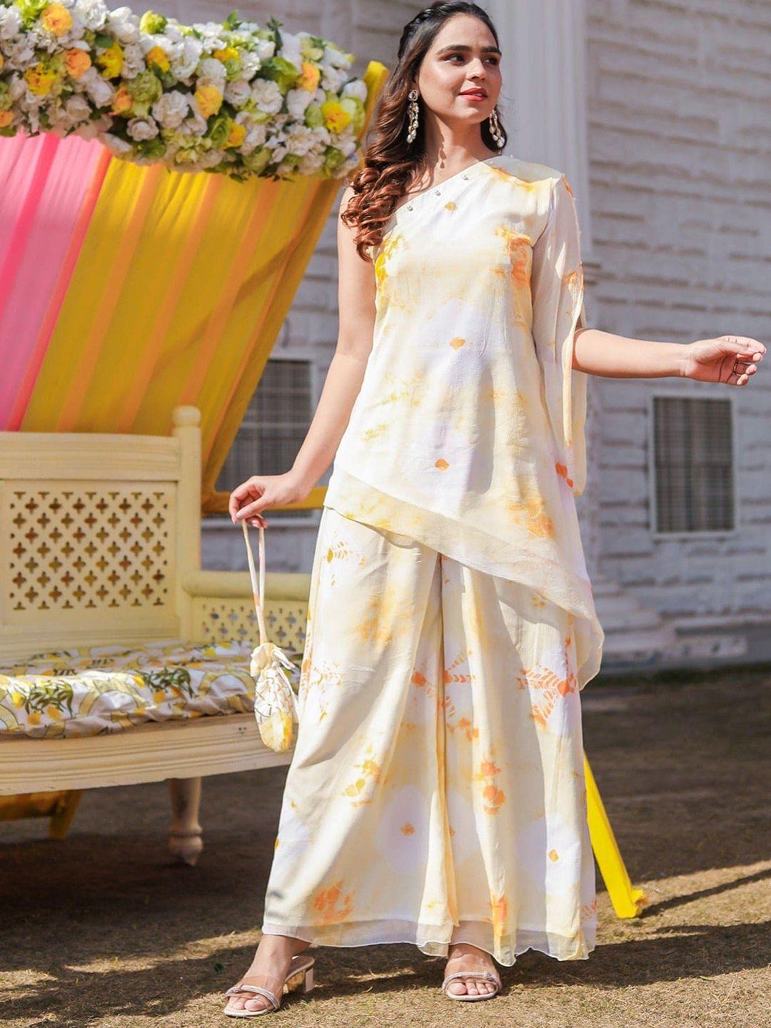 thread & button women white printed regular gotta patti silk chiffon kurta with palazzos