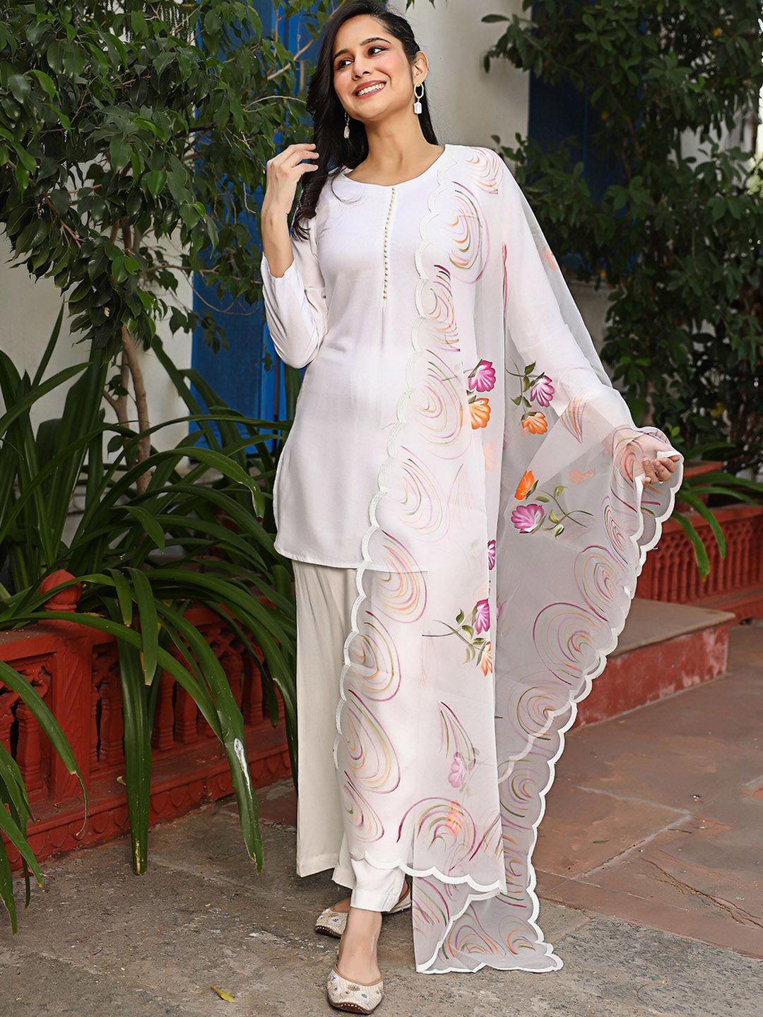 thread & button women white regular kurta with palazzos & with dupatta