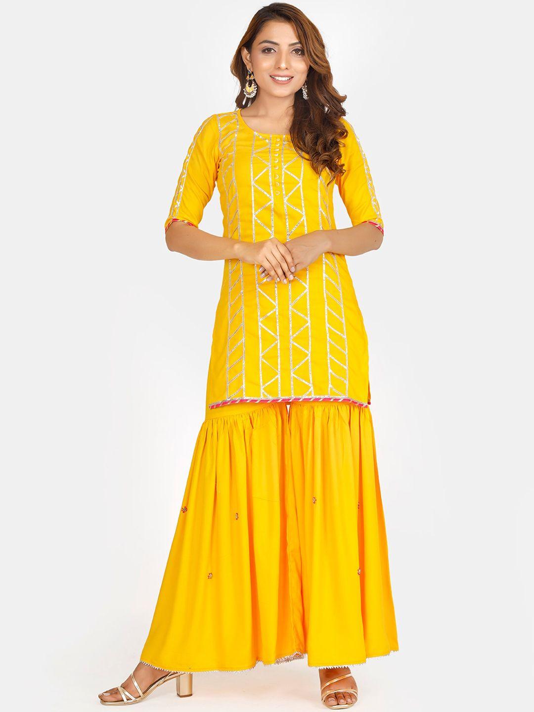 thread & button women yellow embroidered gotta patti kurti with sharara & with dupatta