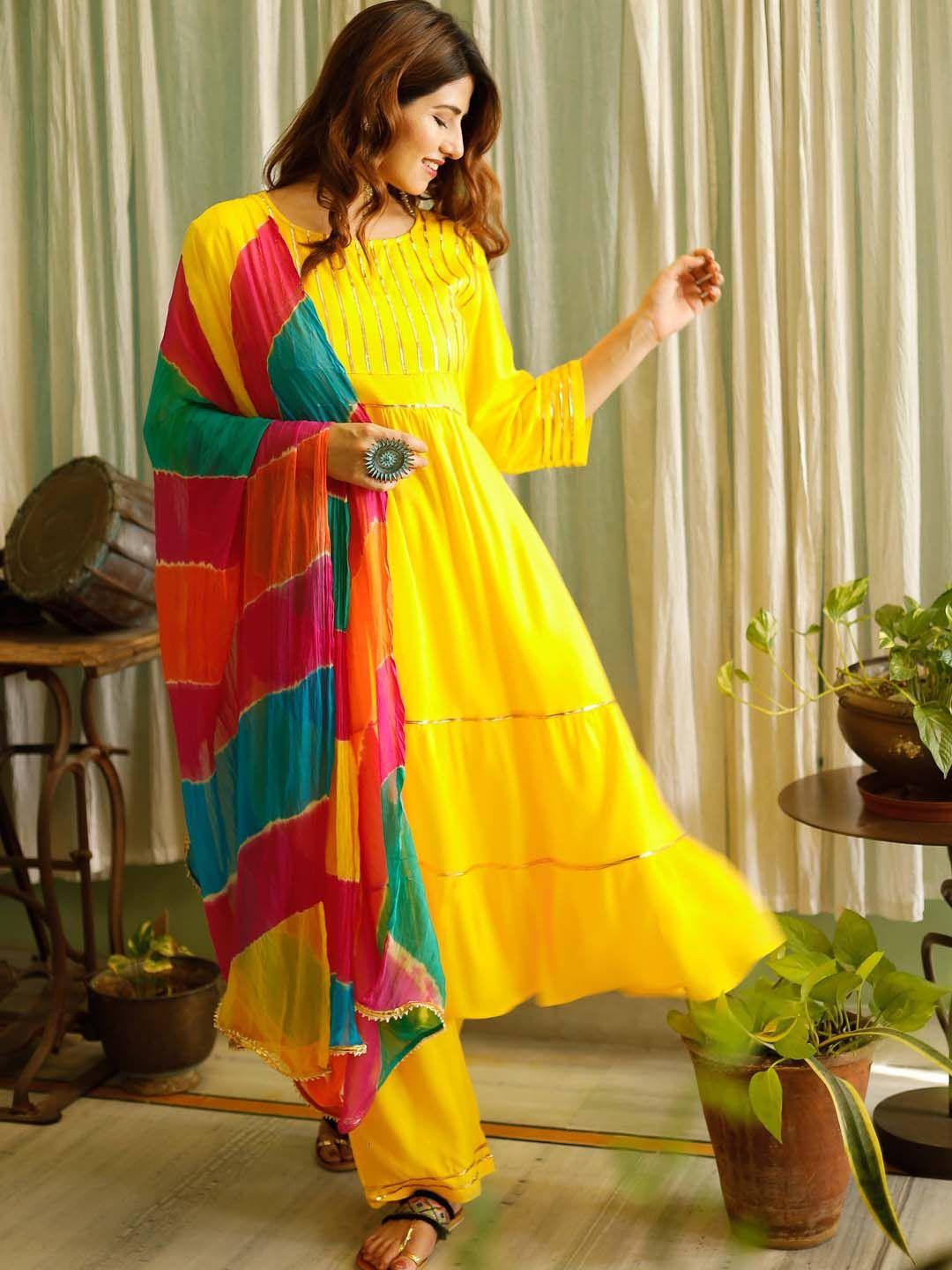 thread & button women yellow lace work a-line kurta with palazzos & with printed dupatta