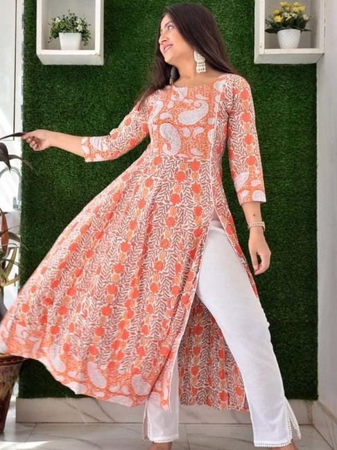 thread and button bright orange floral kurta with pant